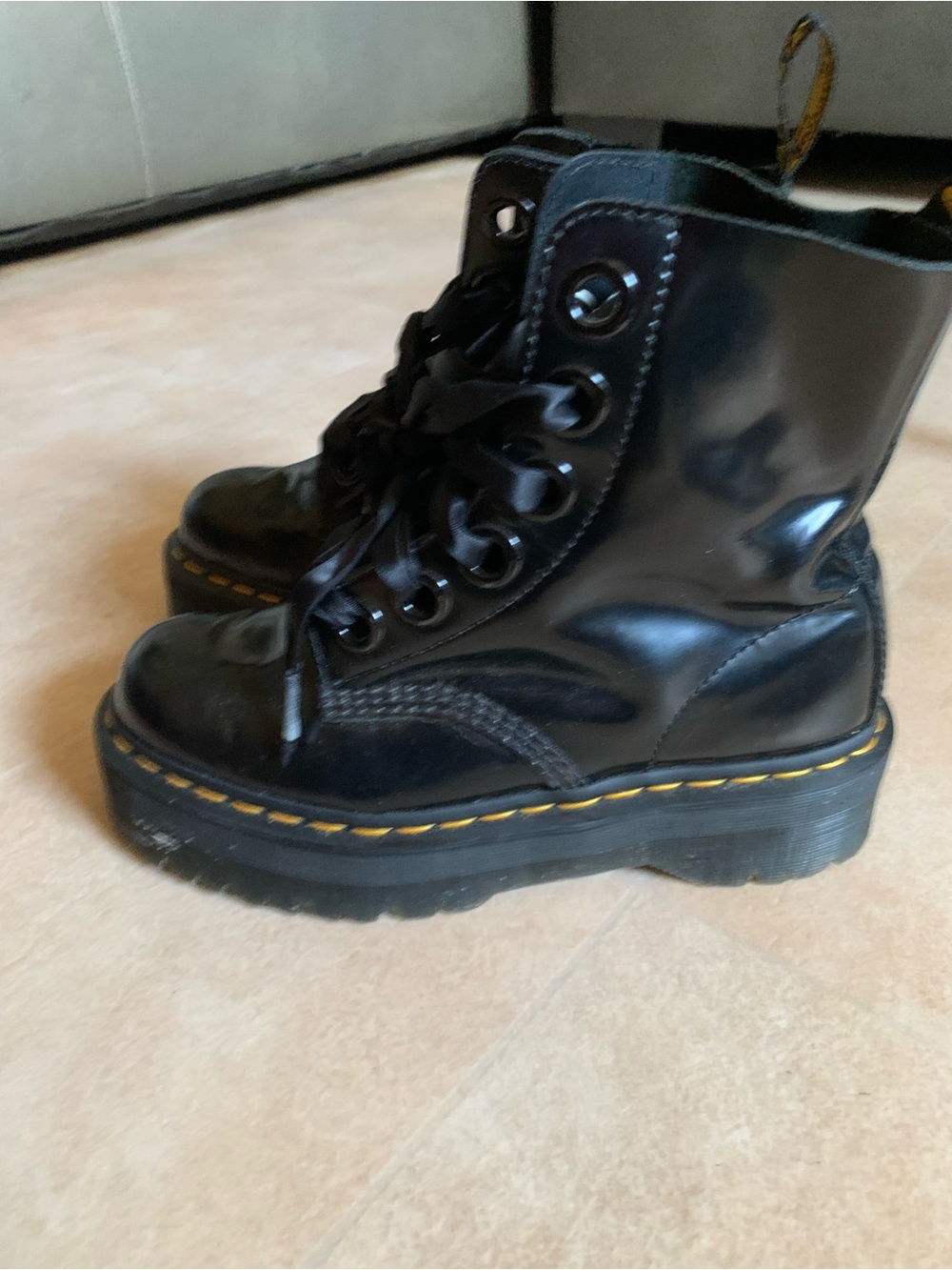 Dr. Martens Black Lace-Up Platform Combat Boots with Yellow Stitching - Picture 3 of 6